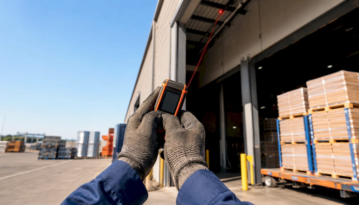 Hands measuring warehouse clear height with laser tool