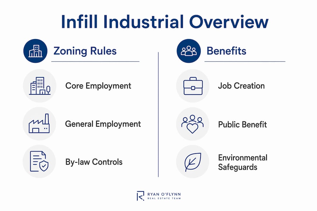 Infographic comparing zoning rules and benefits of infill industrial development