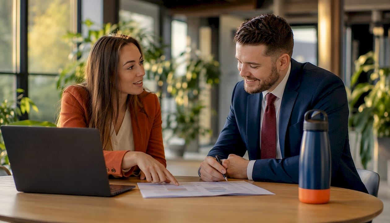 Tenant broker and client discussing lease details