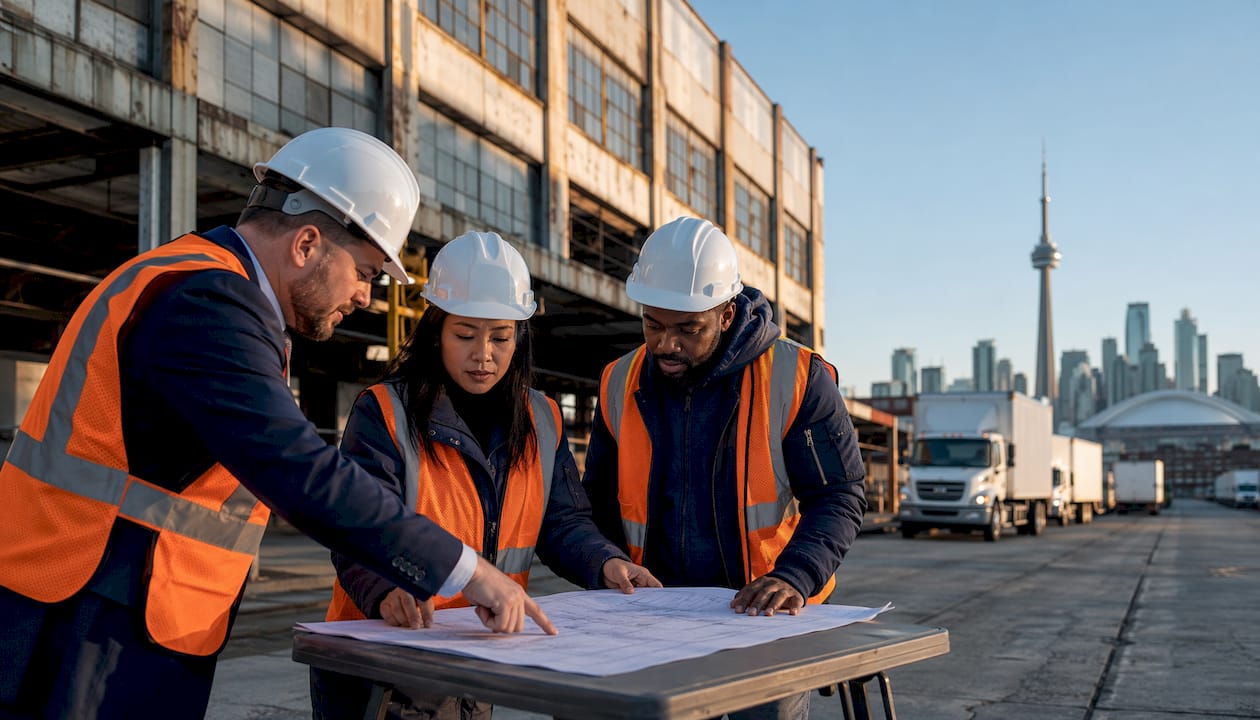 Logistics team surveying industrial retrofit site