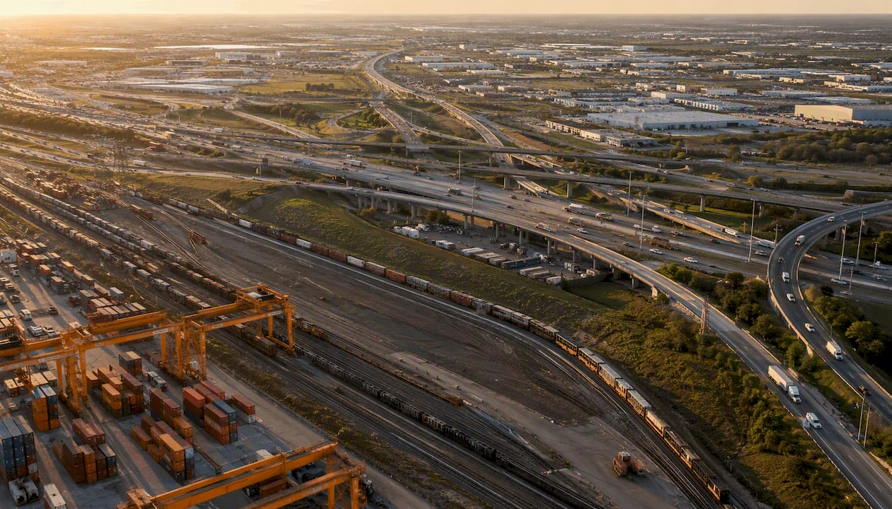 Highway interchange and rail yard near GTA