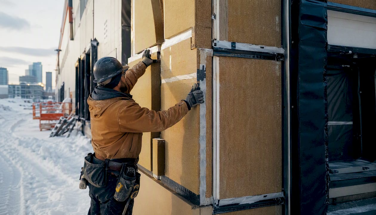 Worker installing insulation on industrial building wall