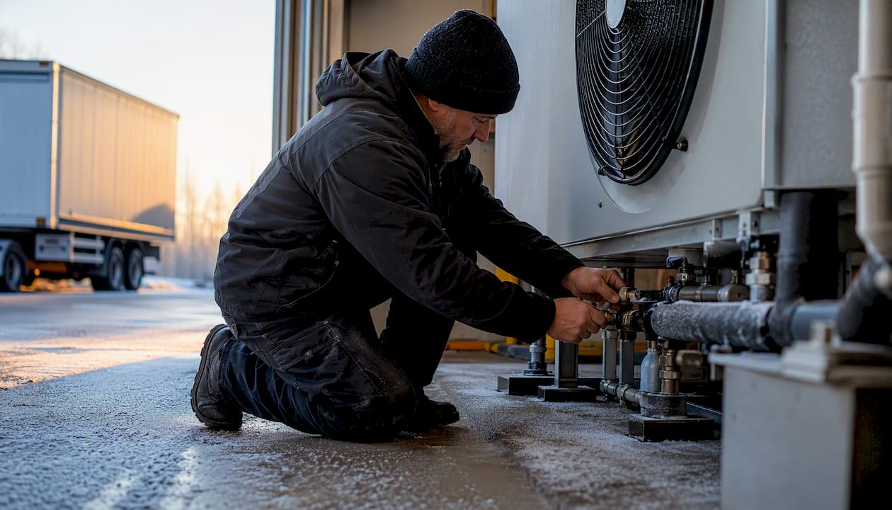 Technician adjusting heat pump at industrial site