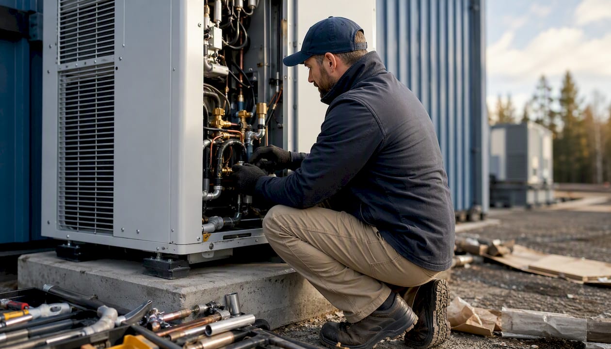 Technician adjusting heat pump unit