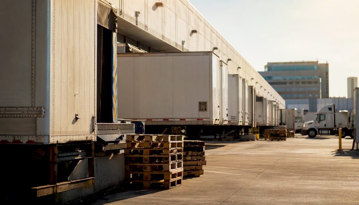 Warehouse loading dock with trucks