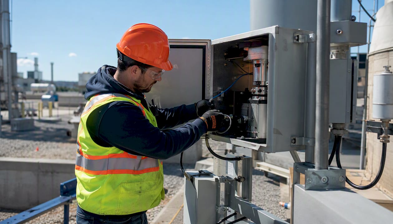 Technician conducting environmental emissions monitoring outdoors