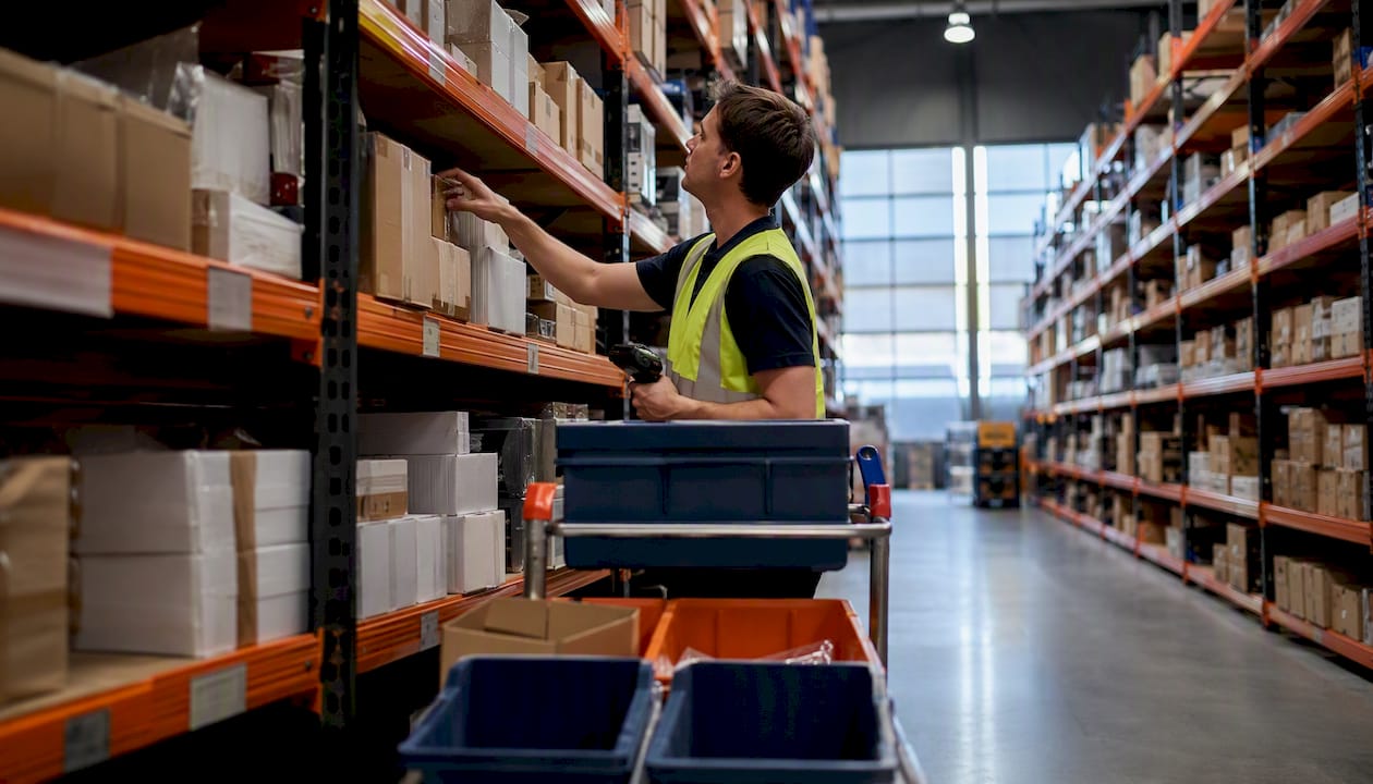 Worker picking in fishbone warehouse layout aisle