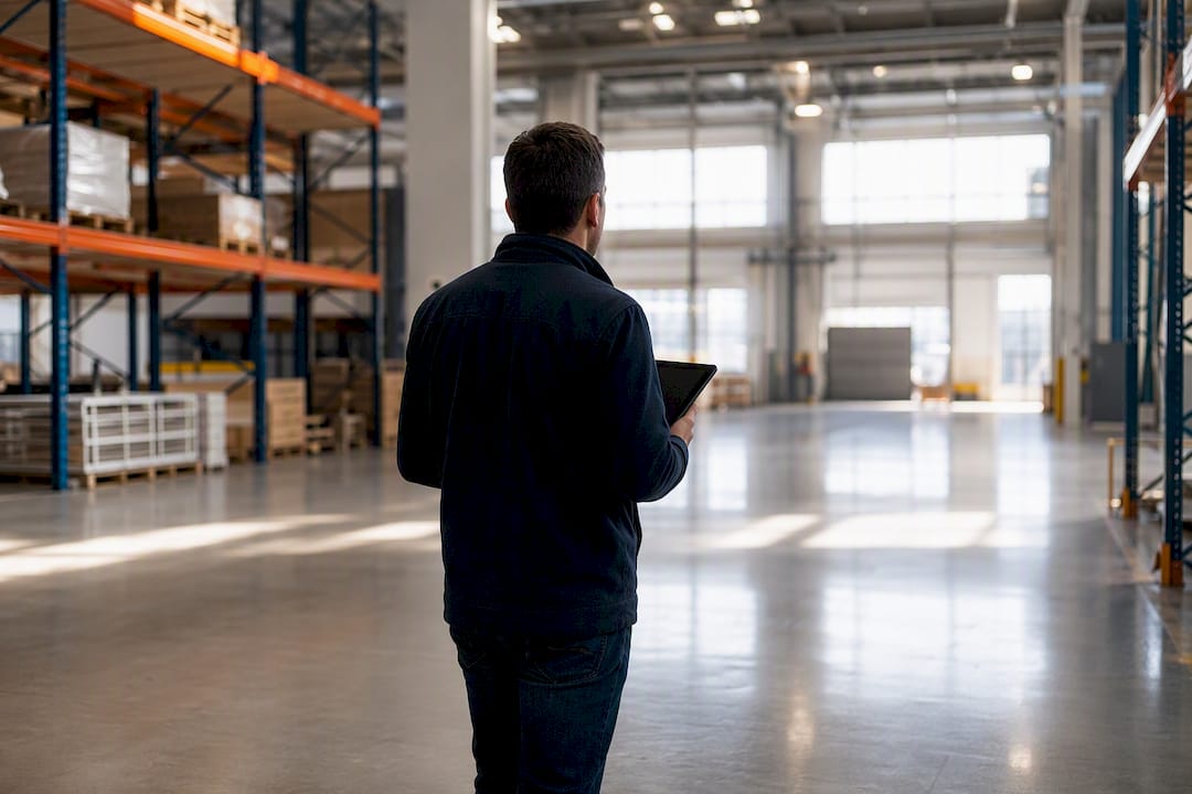 Tenant inspecting industrial warehouse aisle