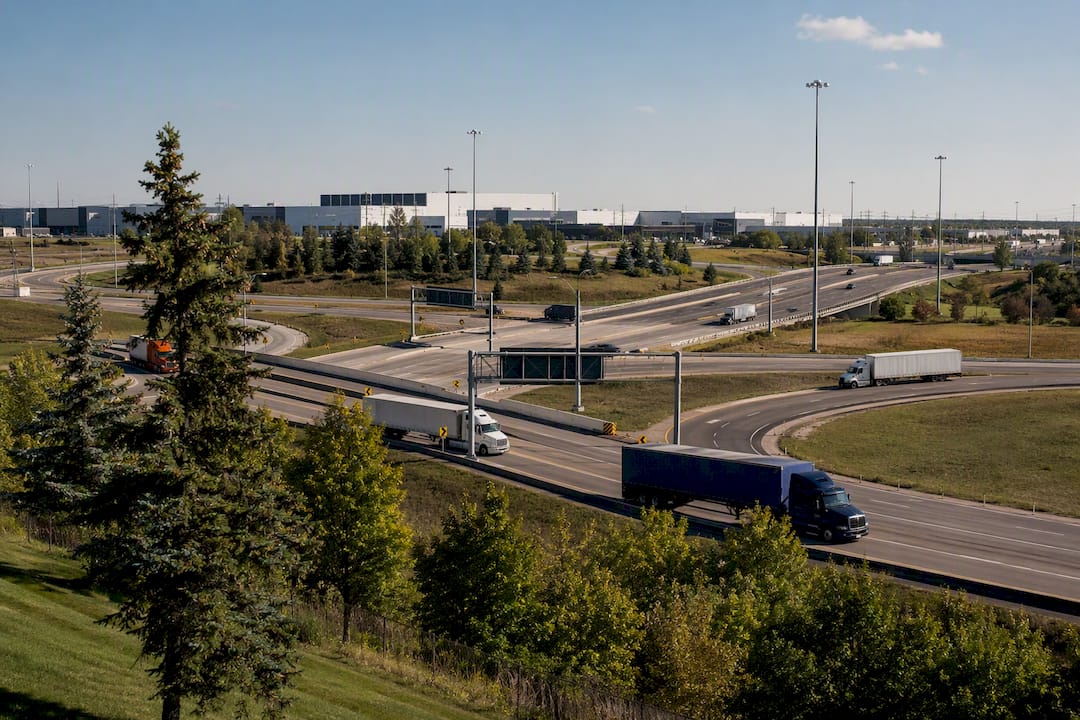 Highway interchange near Brampton industrial warehouses