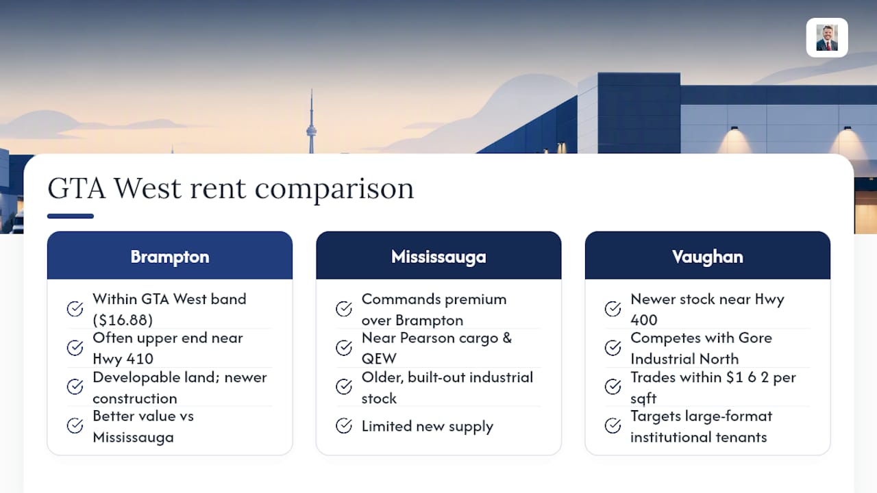 Diagram comparing warehouse rents in GTA West submarkets