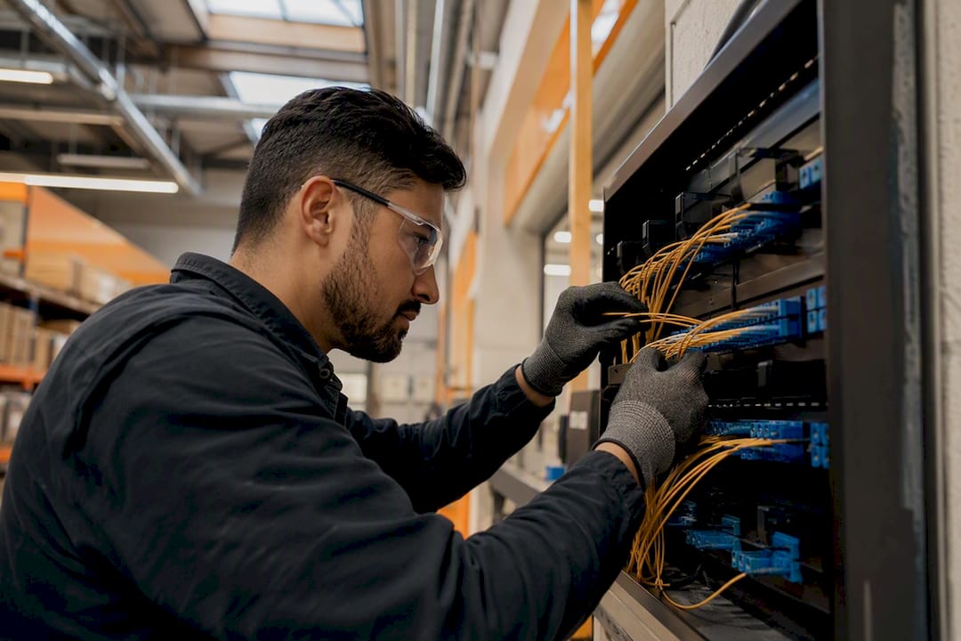 Technician installing fibre optic cables