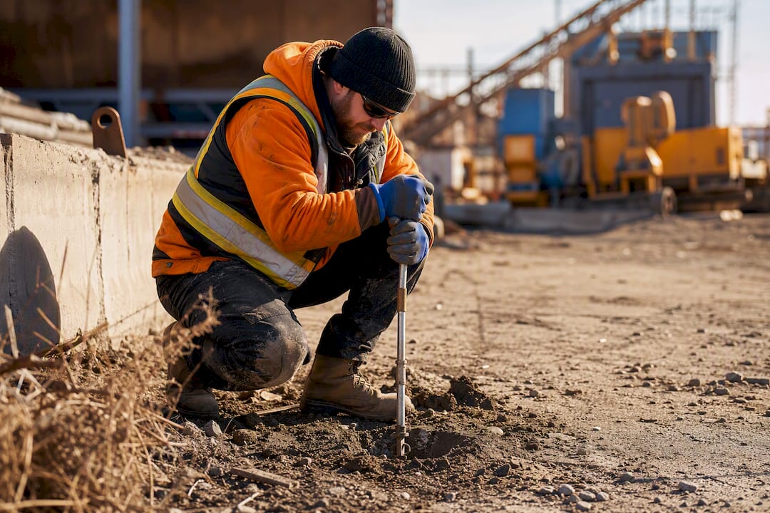 Gloved hands collecting soil sample at industrial site