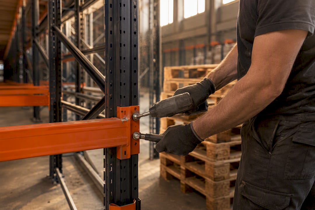 Worker assembling warehouse pallet racking