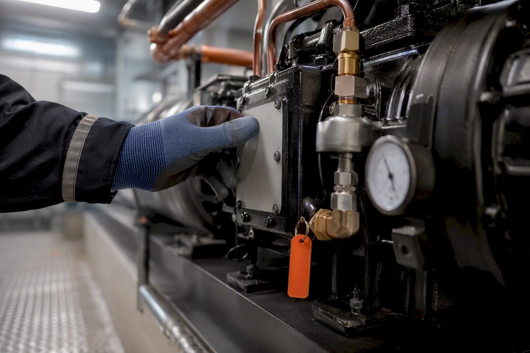 Technician inspecting cold storage compressor equipment