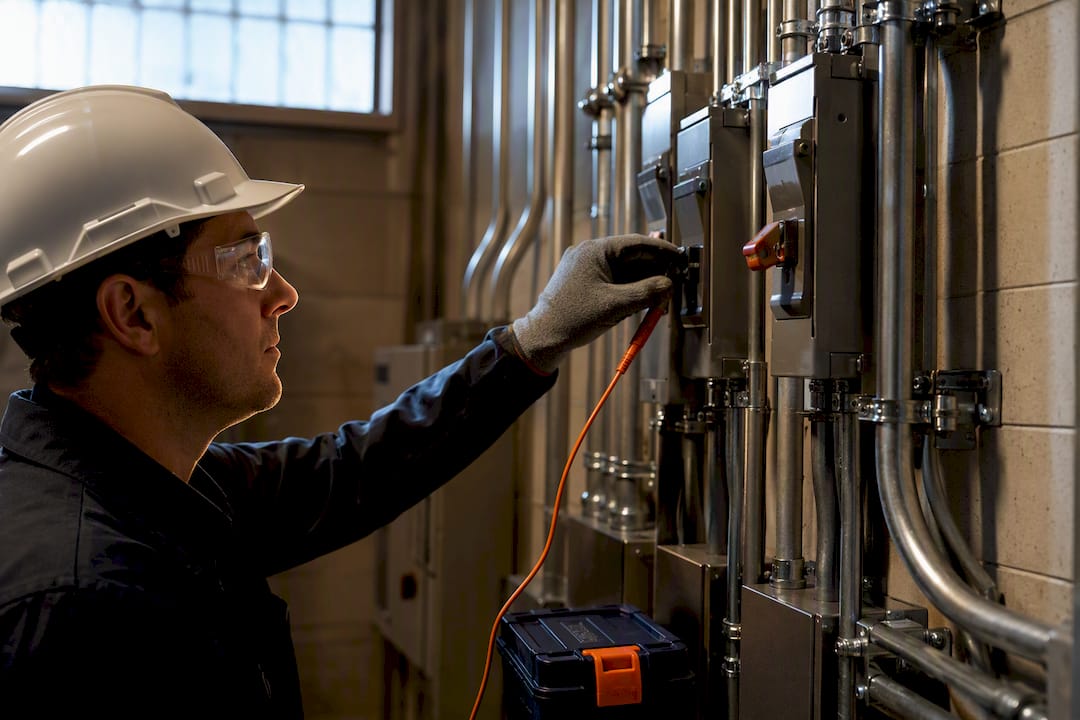 Technician checking industrial power infrastructure