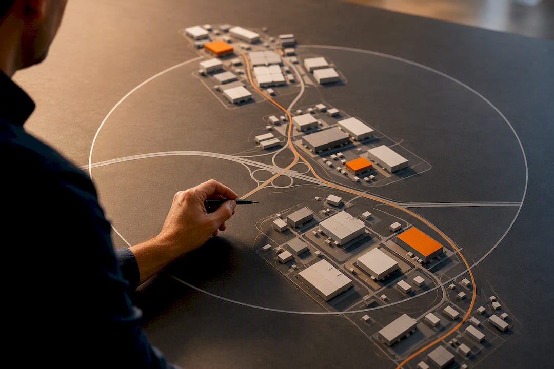 Illustrated search area spanning industrial clusters