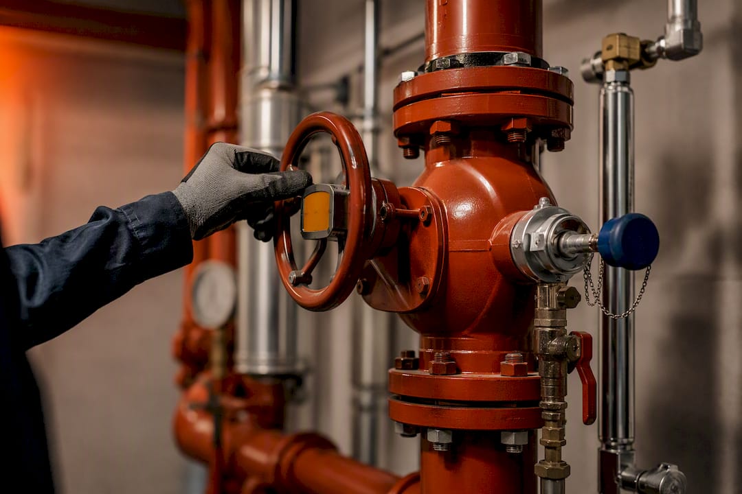 Technician checking industrial sprinkler valve position
