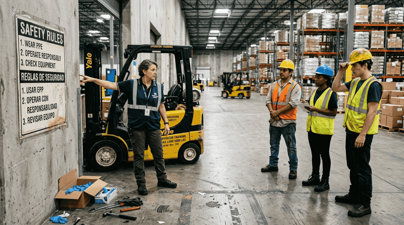 Trainer explains forklift safety in both languages