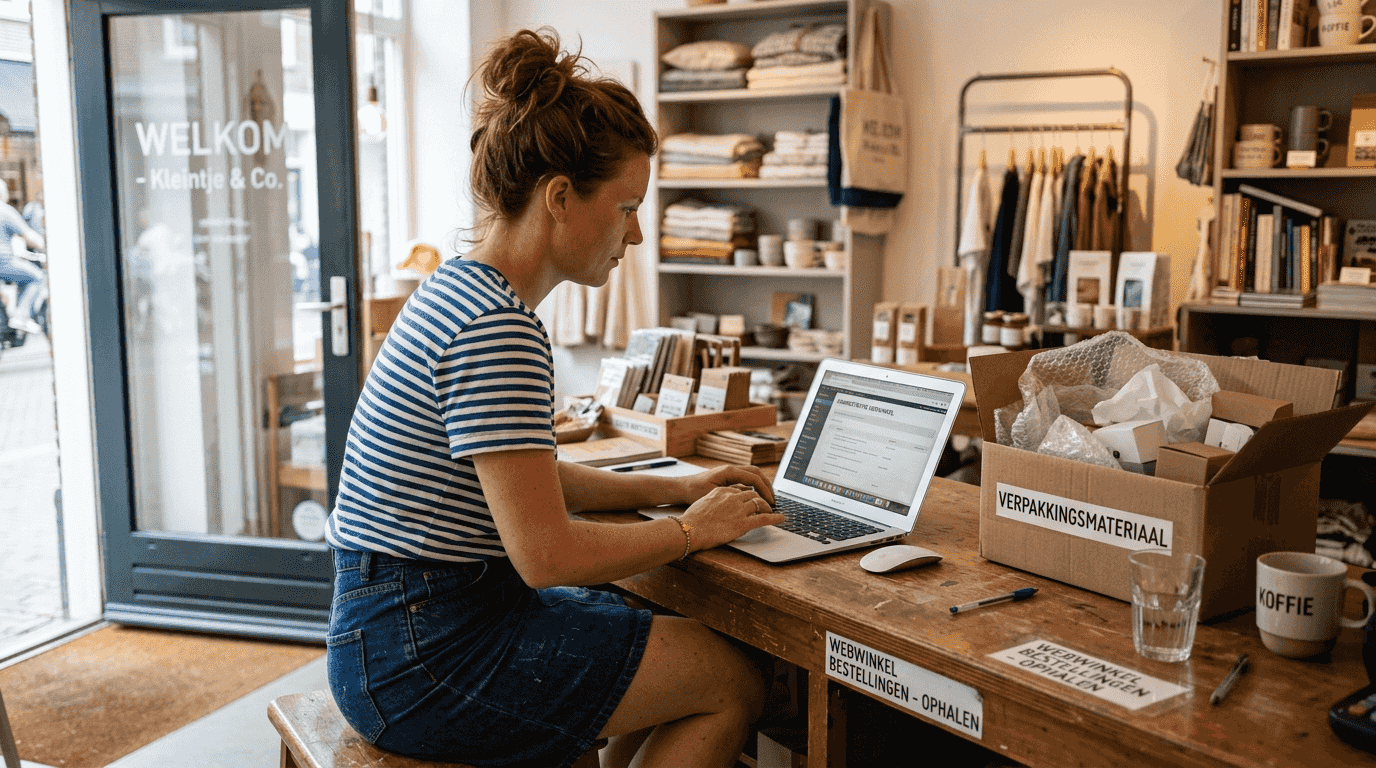 Een vrouw zit achter de balie en werkt op haar laptop.