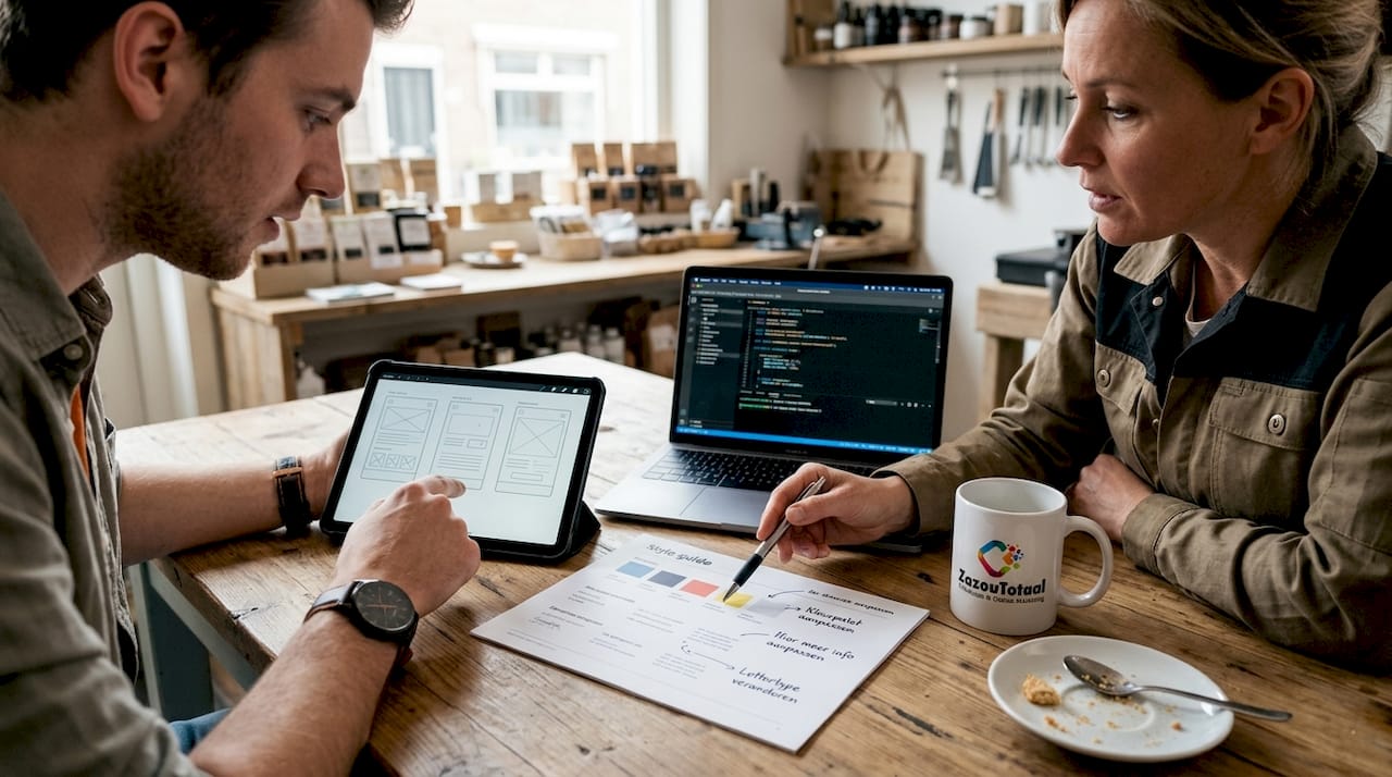 Webdesigner overlegt met klant over nieuw project
