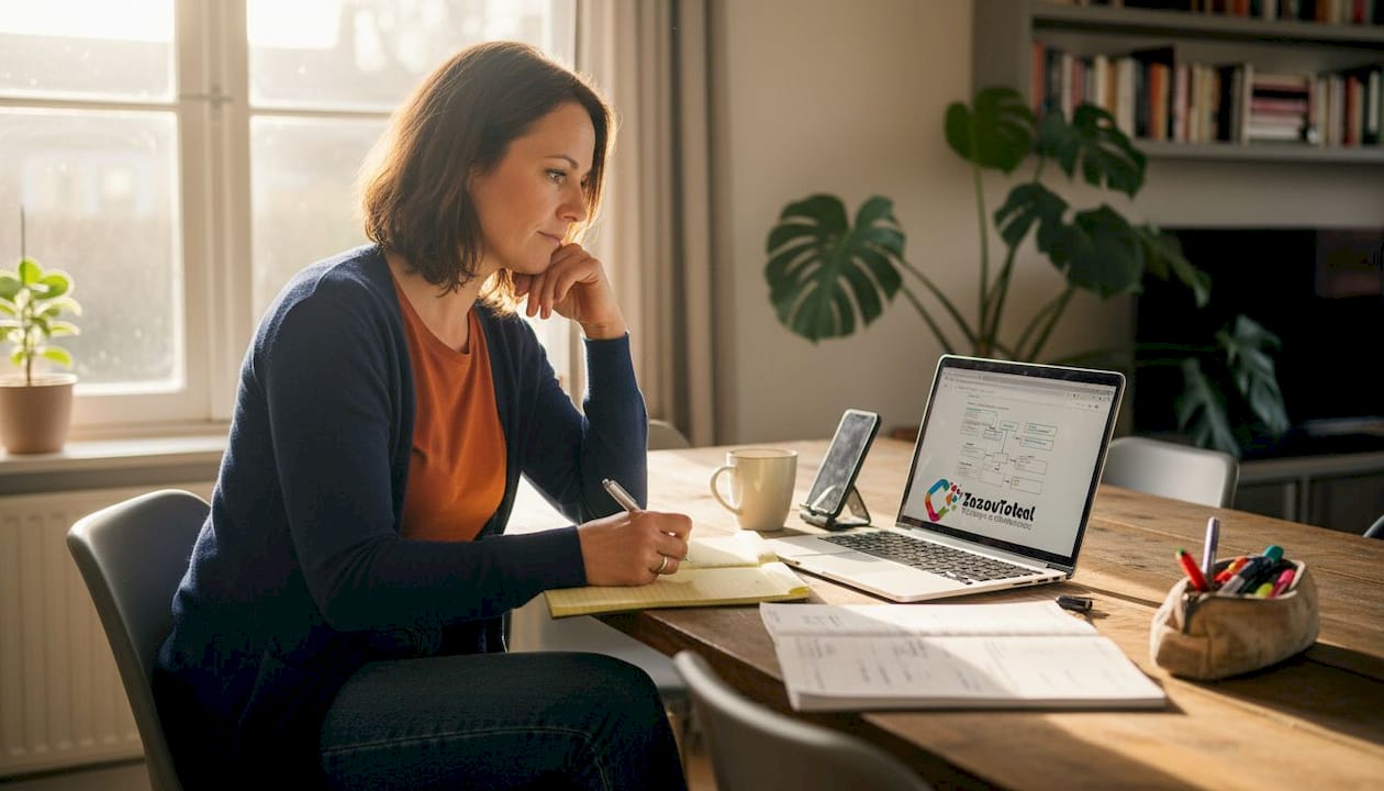 Ondernemer werkt aan de online strategie van zijn bedrijf aan de keukentafel.