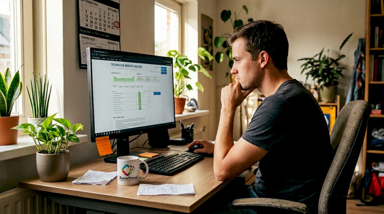 Een man bekijkt de technische SEO van een website op zijn computer.