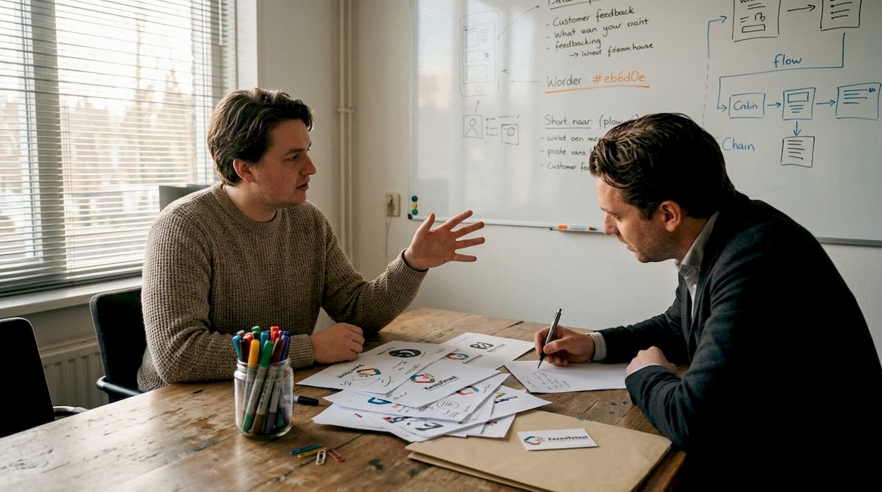 De klant overlegt samen met de ontwerper over verschillende logo-ideeën.