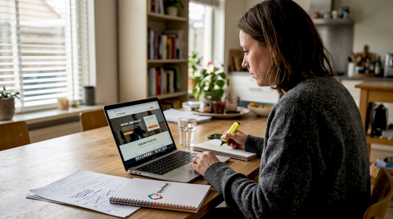 Coach geeft live feedback op landingspagina tijdens werksessie