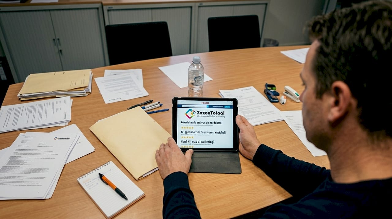 Een man leest klantbeoordelingen op zijn tablet terwijl hij op kantoor zit.