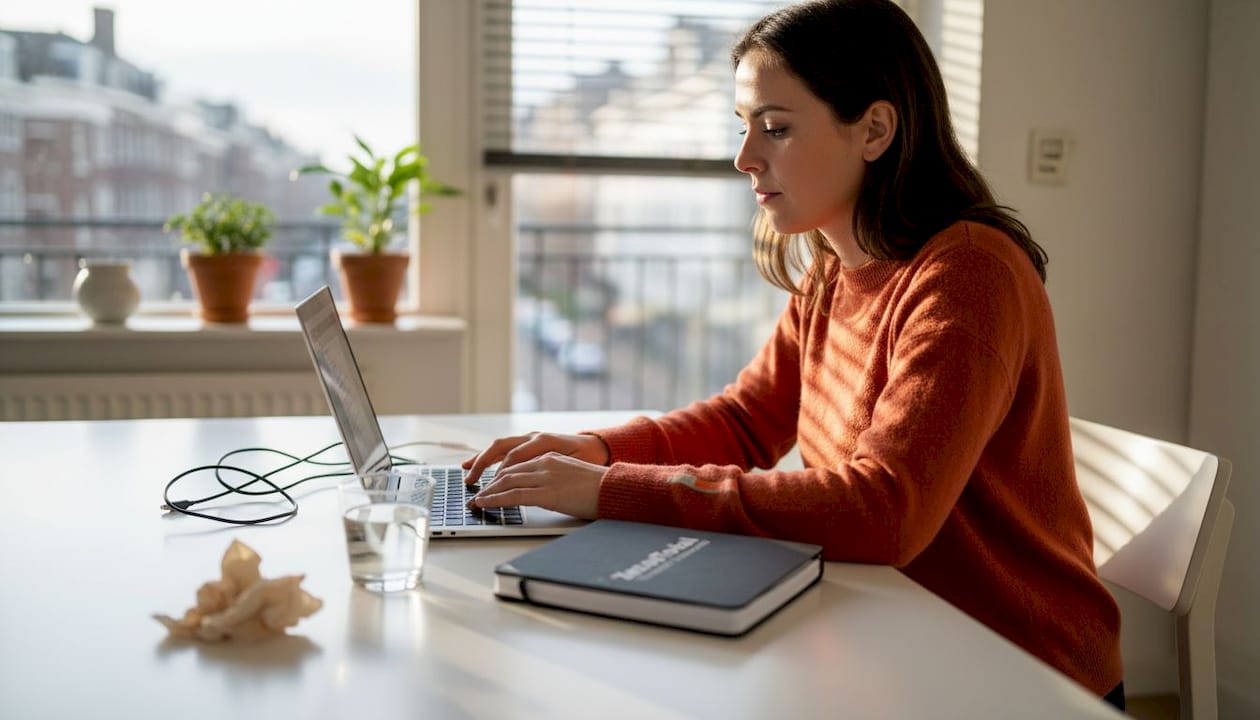 Een vrouw werkt thuis aan het opstellen van een privacyverklaring op haar laptop.