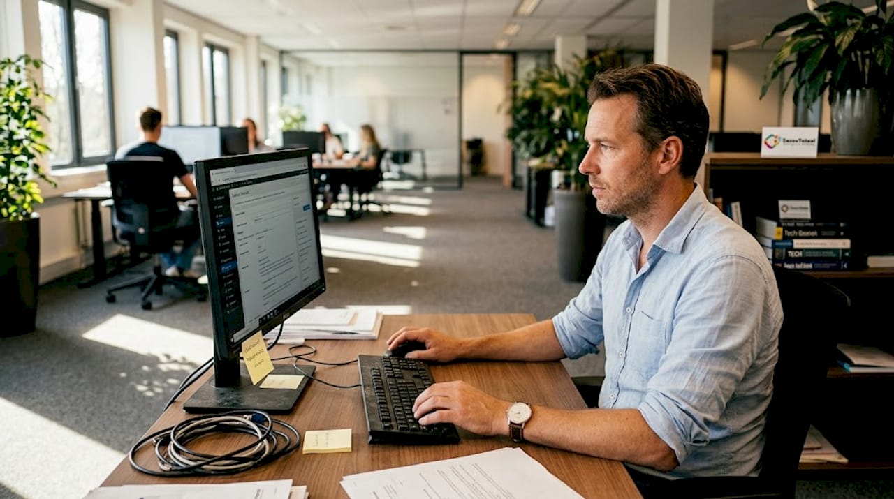 Een medewerker op kantoor houdt de website up-to-date.