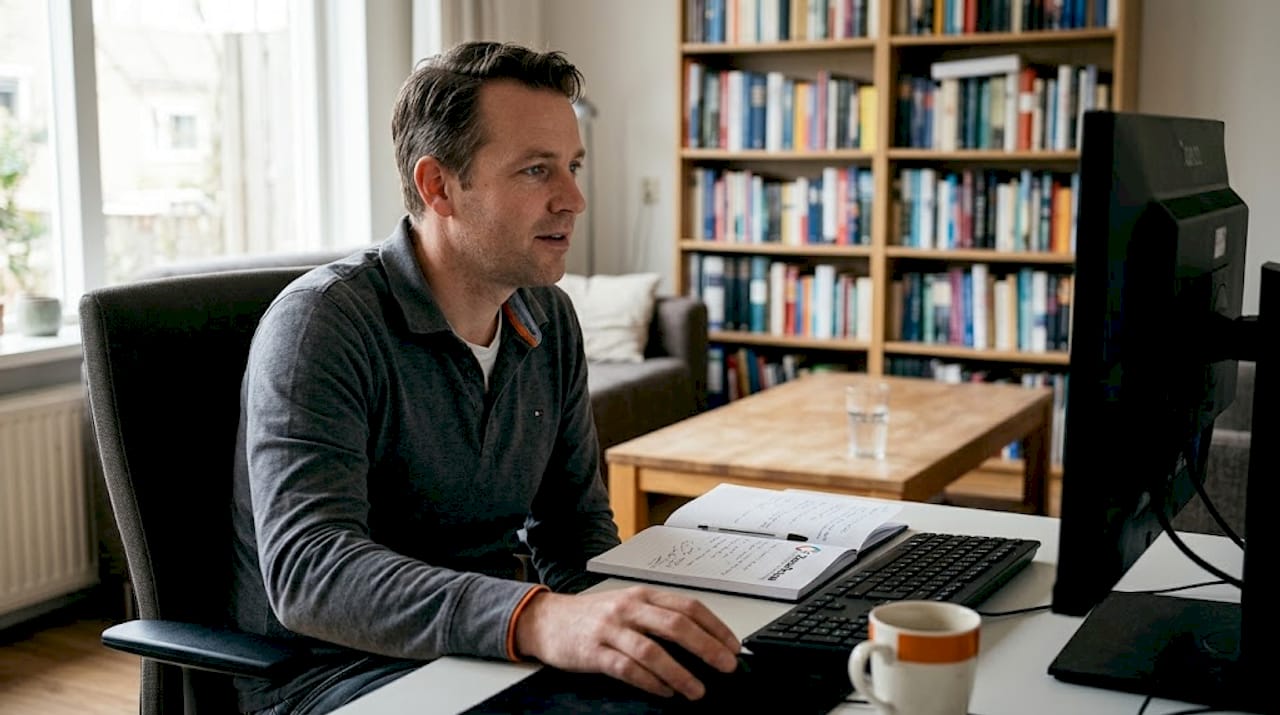 Een man beoordeelt de gebruiksvriendelijkheid van een website op zijn computer.