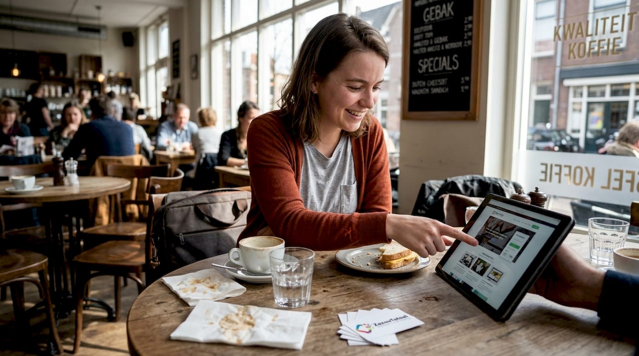 Een designer laat vol trots zijn portfolio zien aan een collega, terwijl ze samen aan een tafeltje in een gezellig café zitten.