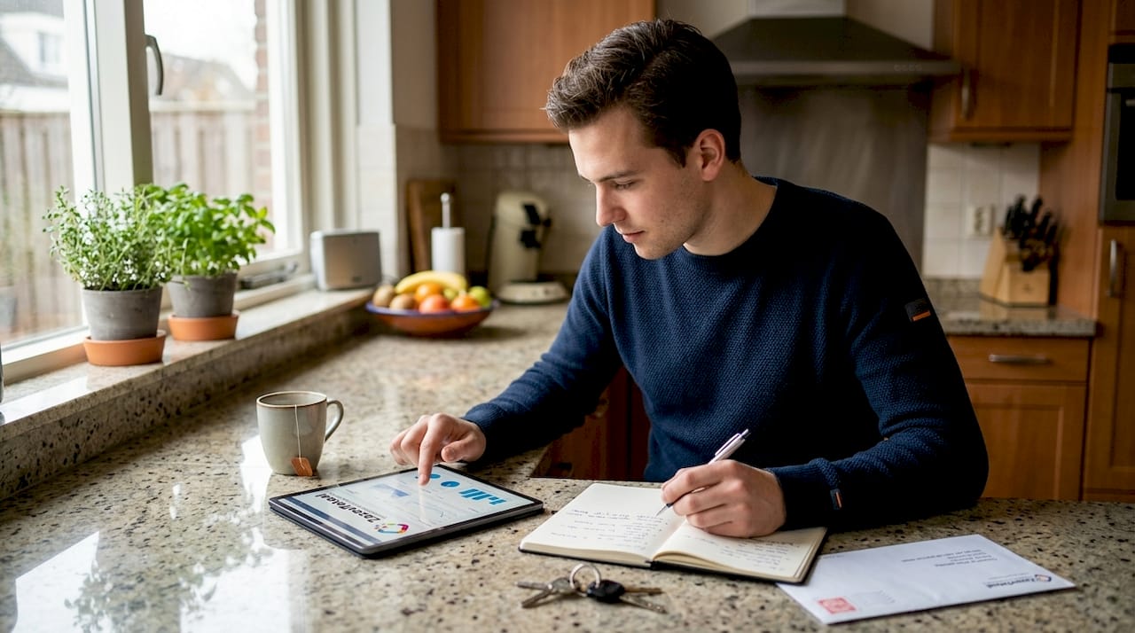 Freelancer bekijkt thuis het bedrijfsprofiel van een lokaal bedrijf
