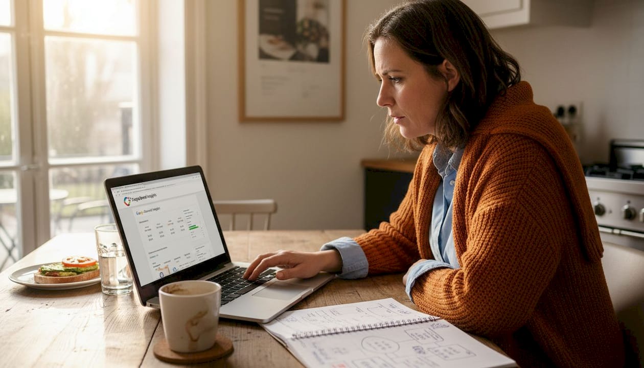 Een vrouw zit aan de keukentafel en controleert hoe snel haar website laadt.