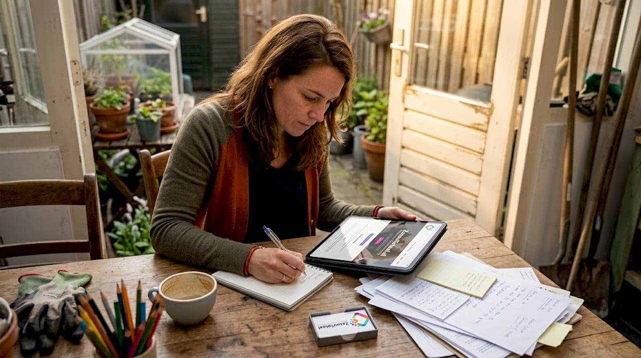 Een vrouw zit aan de keukentafel en bladert door de website van een klant.