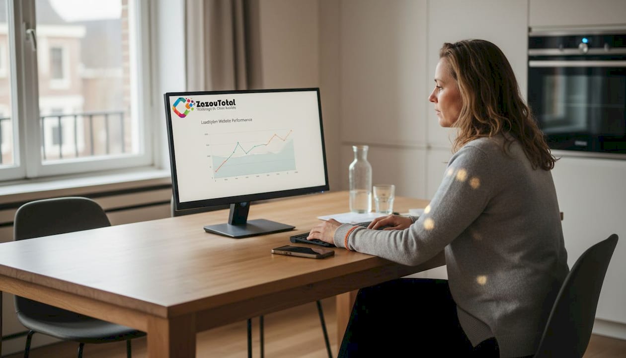 Vrouw test de laadsnelheid van haar website aan de keukentafel