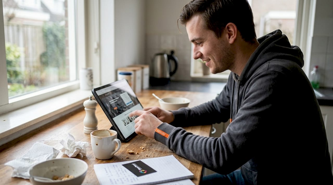 Een ondernemer die nieuwsgierig door een interactieve website bladert op zoek naar inspiratie en nieuwe kansen.