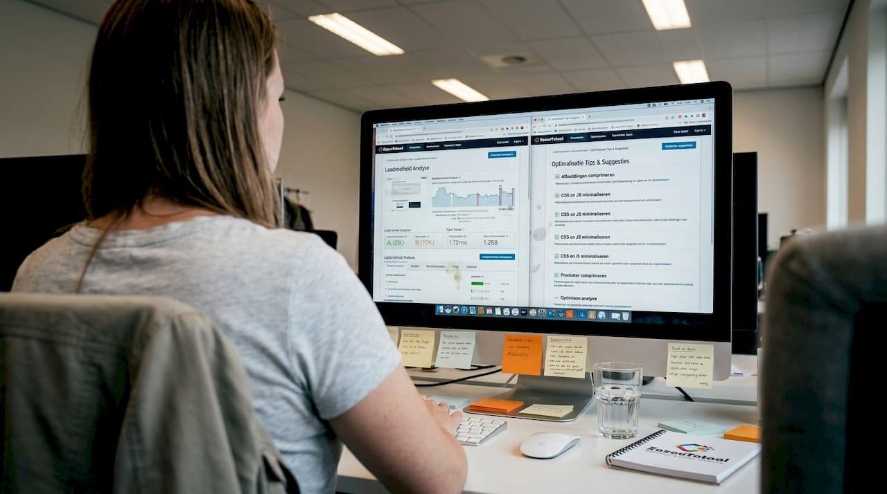 Een vrouw bekijkt het scherm met optimalisatiegegevens en analyseert de resultaten.