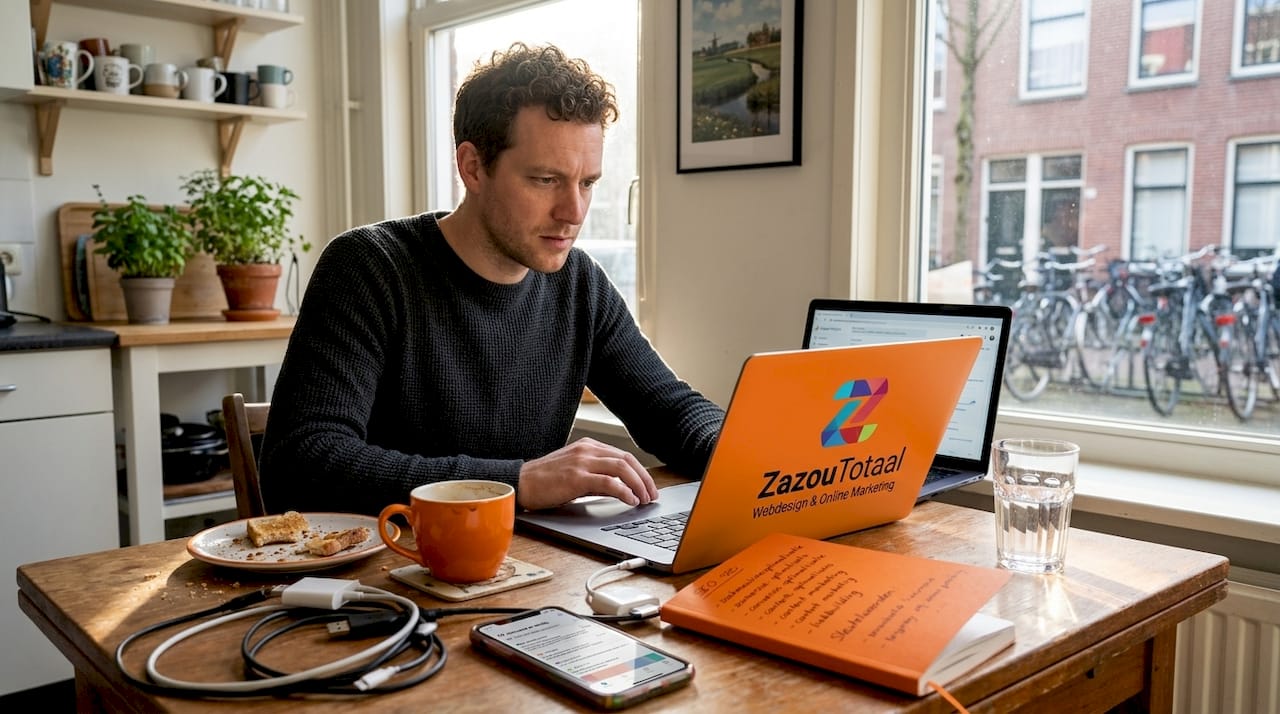 Ondernemer die thuis zijn SEO-resultaten onder de loep neemt