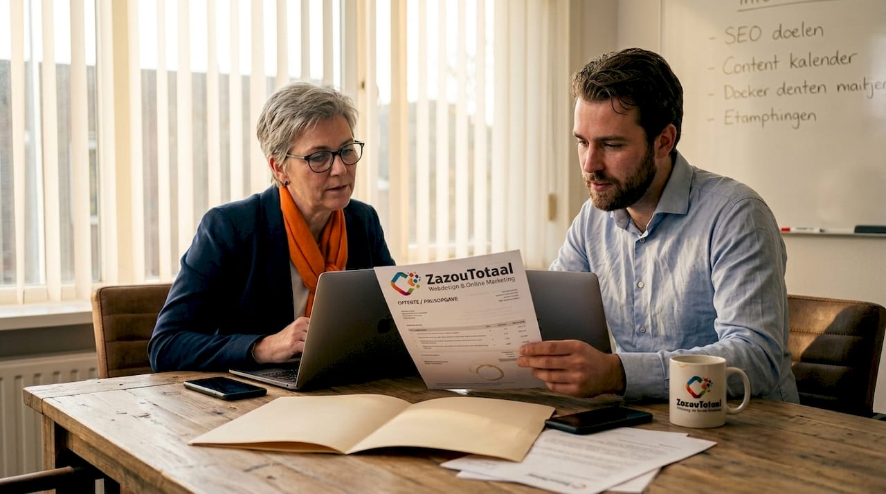 Professionals buigen zich samen over een klantendossier aan de vergadertafel.