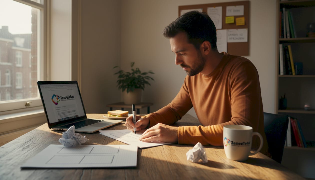 Terwijl zijn bureau vol ligt met papieren en koffiekopjes, zit de webdesigner geconcentreerd wireframes uit te werken.