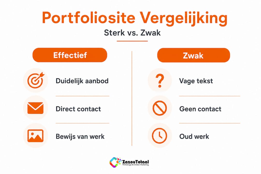 Wat maakt een portfoliosite krachtig of juist minder overtuigend? In dit artikel zetten we de kenmerken van een sterke portfoliosite tegenover die van een zwakke, zodat je precies weet waar je op moet letten bij het bouwen van je eigen online visitekaartje.