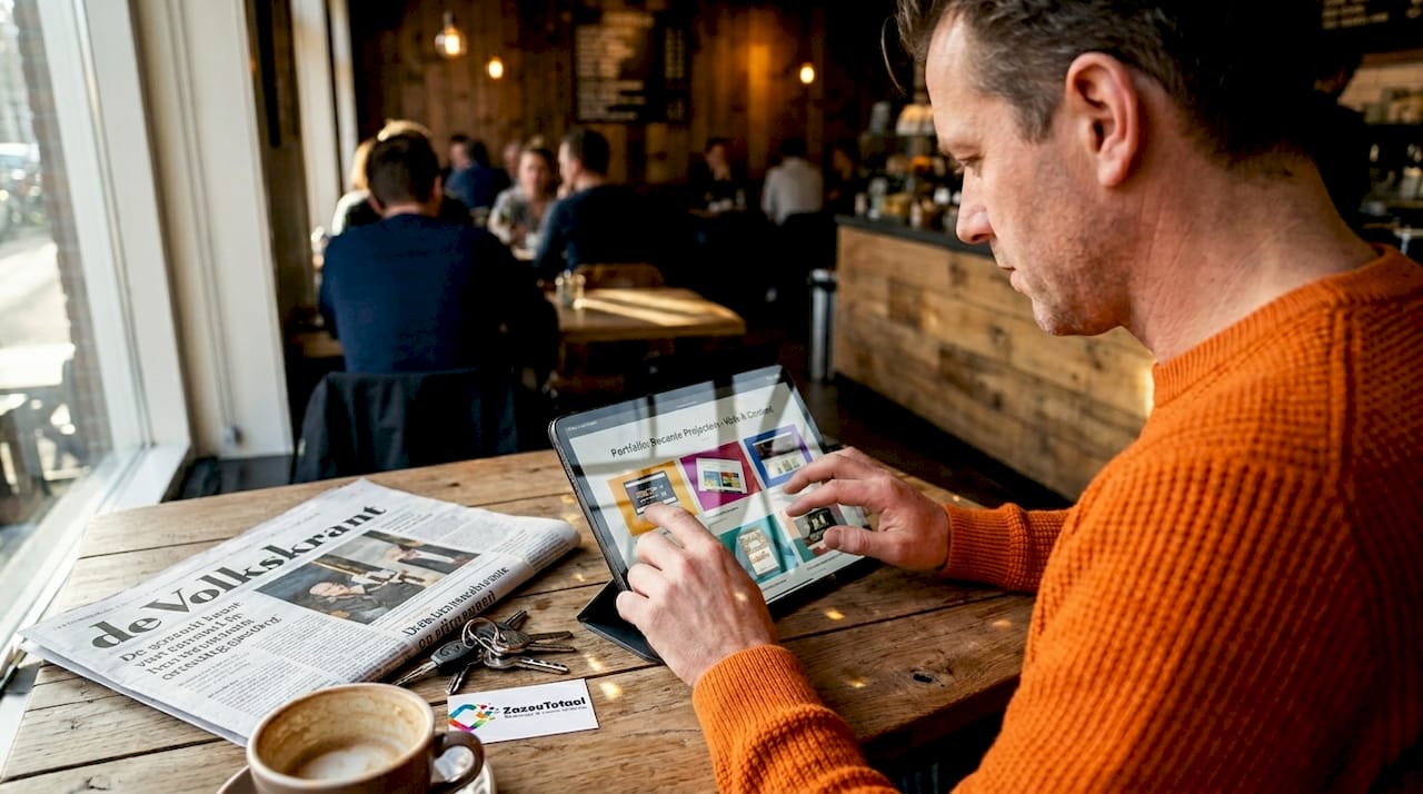 Een klant bladert door een portfolio op zijn tablet terwijl hij in een koffietentje zit.