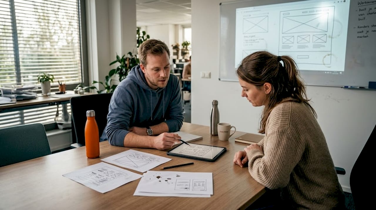 Het team zit op kantoor samen om de wireframes van de website door te nemen.