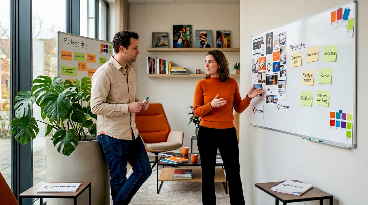Collega’s die samen aan de slag gaan met de merkstrategie bij een whiteboard