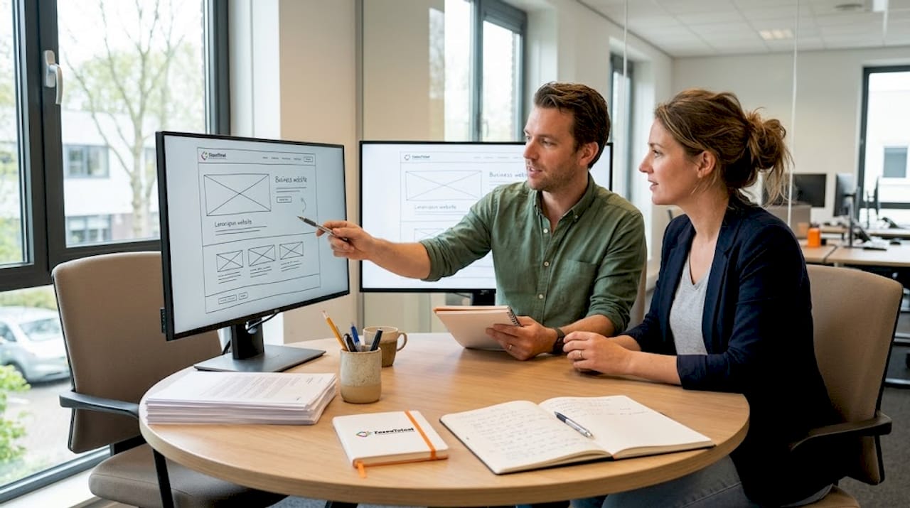 Twee collega's overleggen op kantoor over het ontwerp van de nieuwe website.