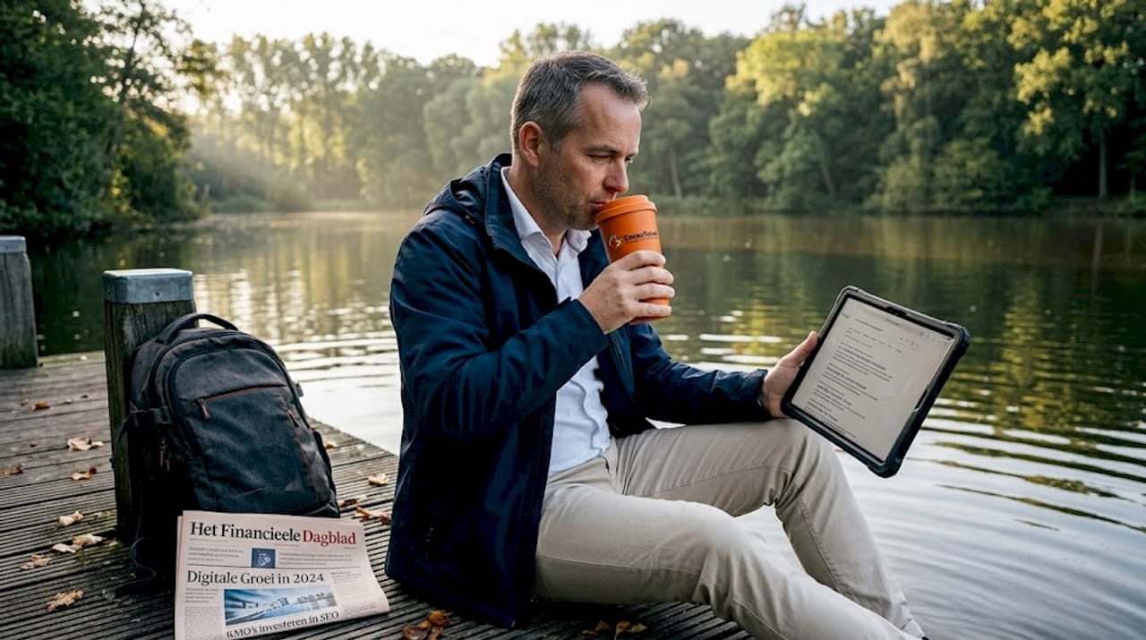 Een man bekijkt zijn SEO-resultaten buiten op een tablet.
