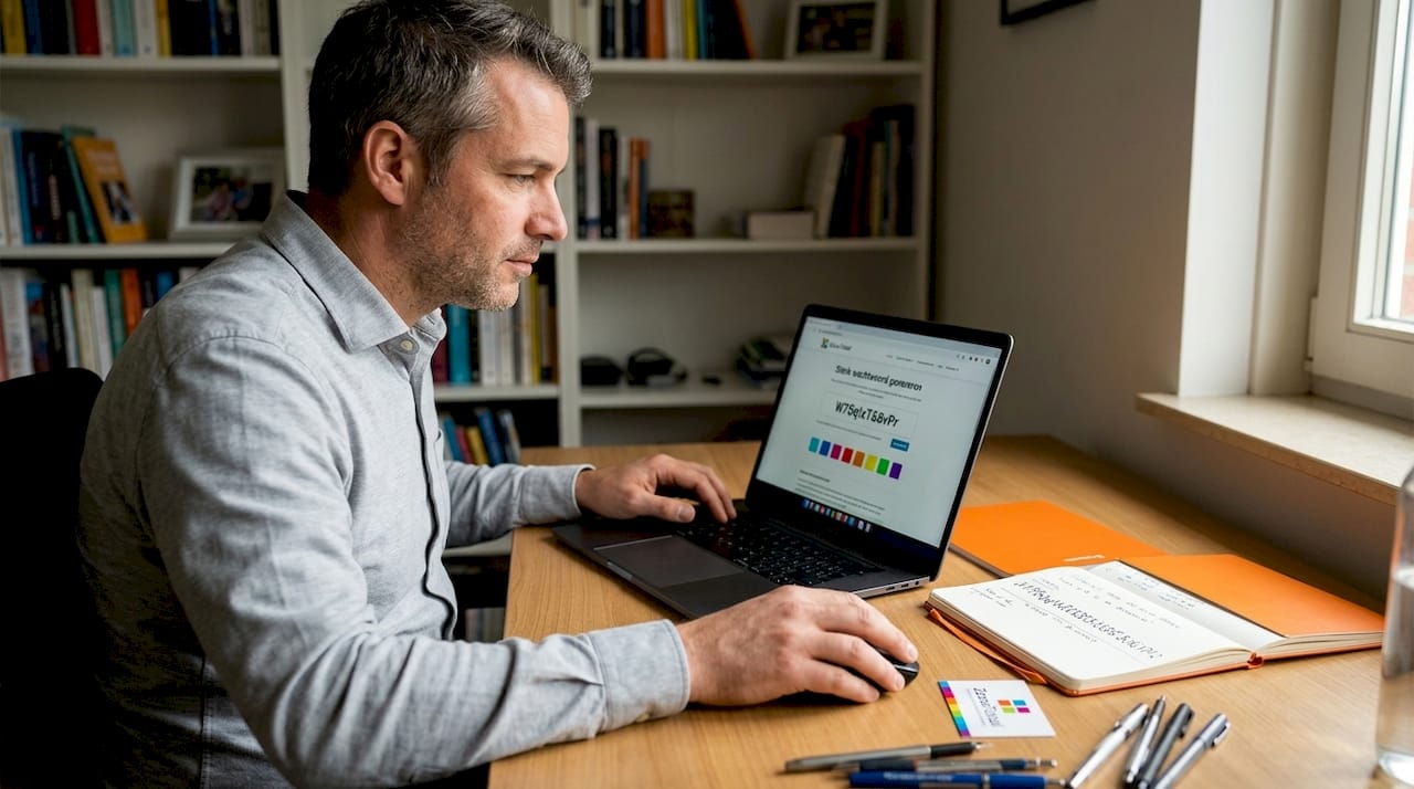 Man werkt op kantoor en gebruikt een wachtwoordmanager op zijn computer