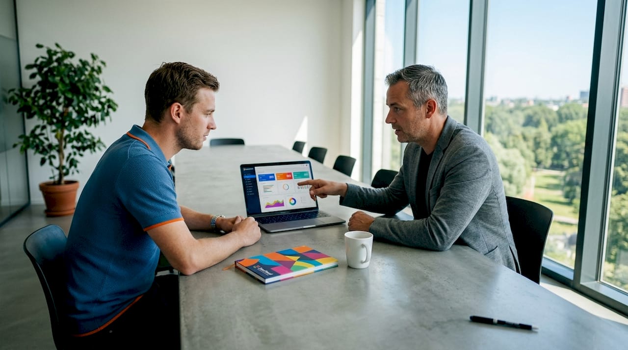 Twee collega’s analyseren samen webstatistieken op een laptop